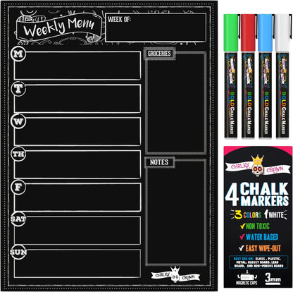CHALKY CROWN Acrylic Magnetic Weekly Planner for Fridge - Menu Board for Kitchen with 8 Magnetic Markers - Weekly Meal Planner for Fridge with Grocery List & Notepad - Menu Planner (14.5x10.2)