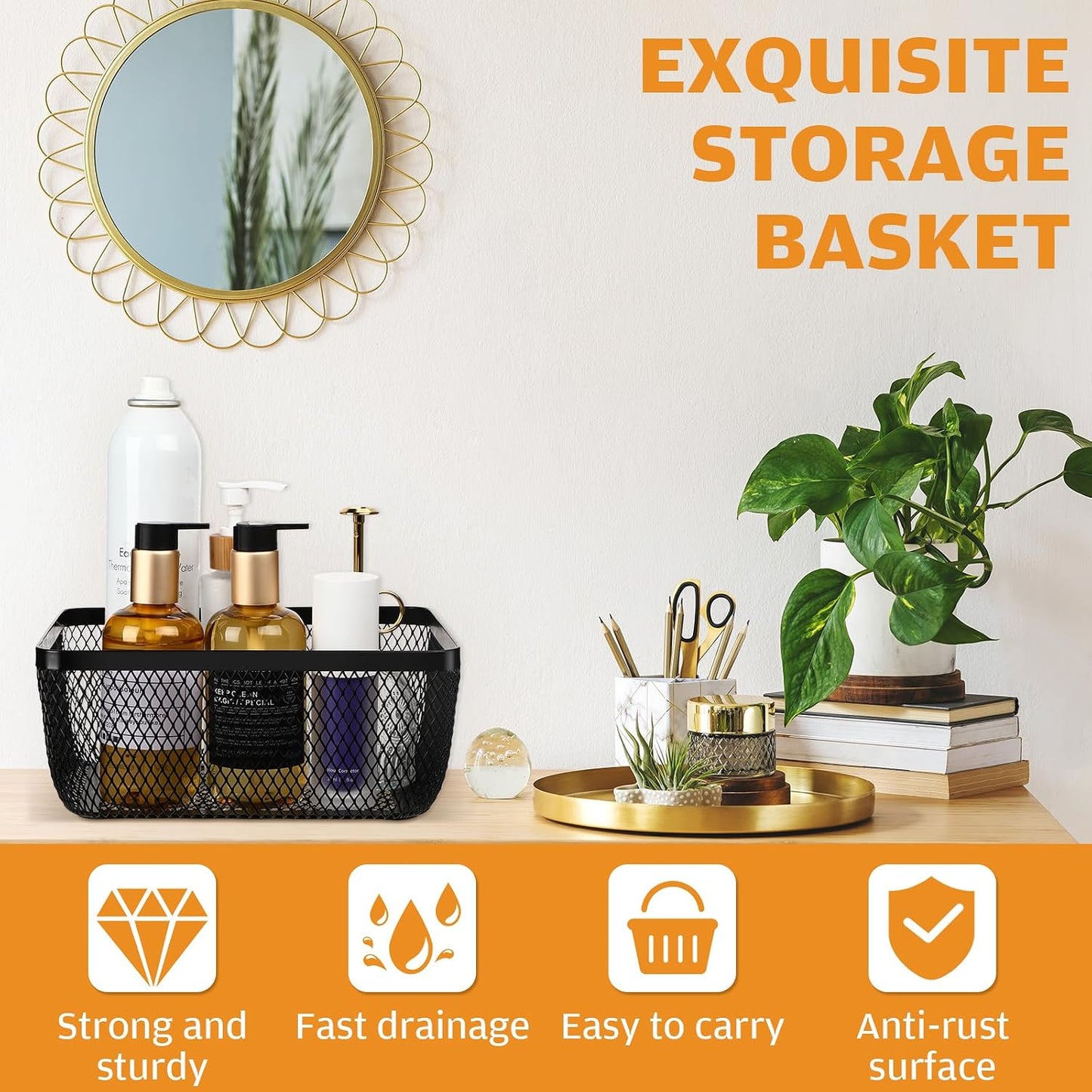 Tandefio 4 Pcs Metal Mesh Basket with Lid and Wooden Handle 9.65 x 7.68 Inch Wire Storage Basket Garden Baskets Organizer Containers for Vegetable Fruit Picnic Kitchen Bathroom (White)