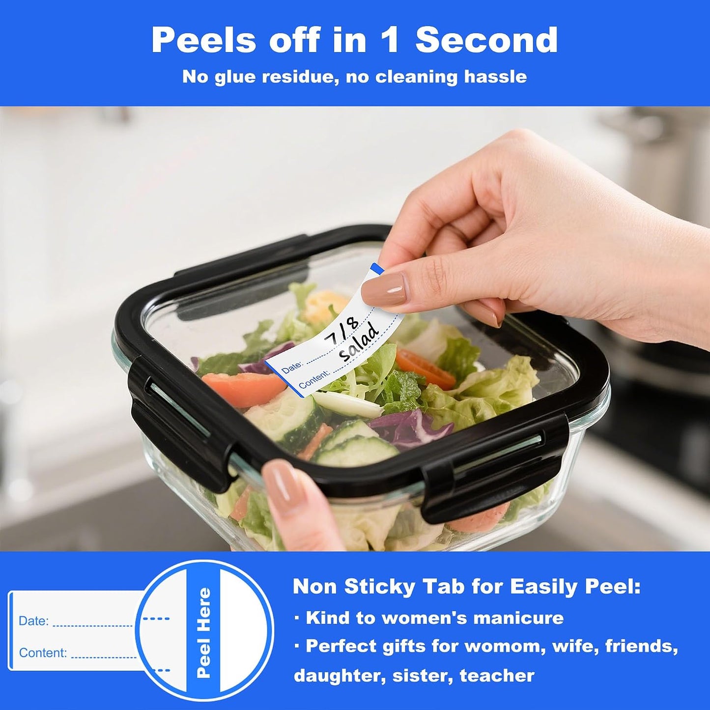 NATURALABEL 300 PCS Removable Freezer Labels with Dispenser - 1" x 3" Food Labels for Meal Prep Containers, Easy Peel-Off Design, No Residue (Green)