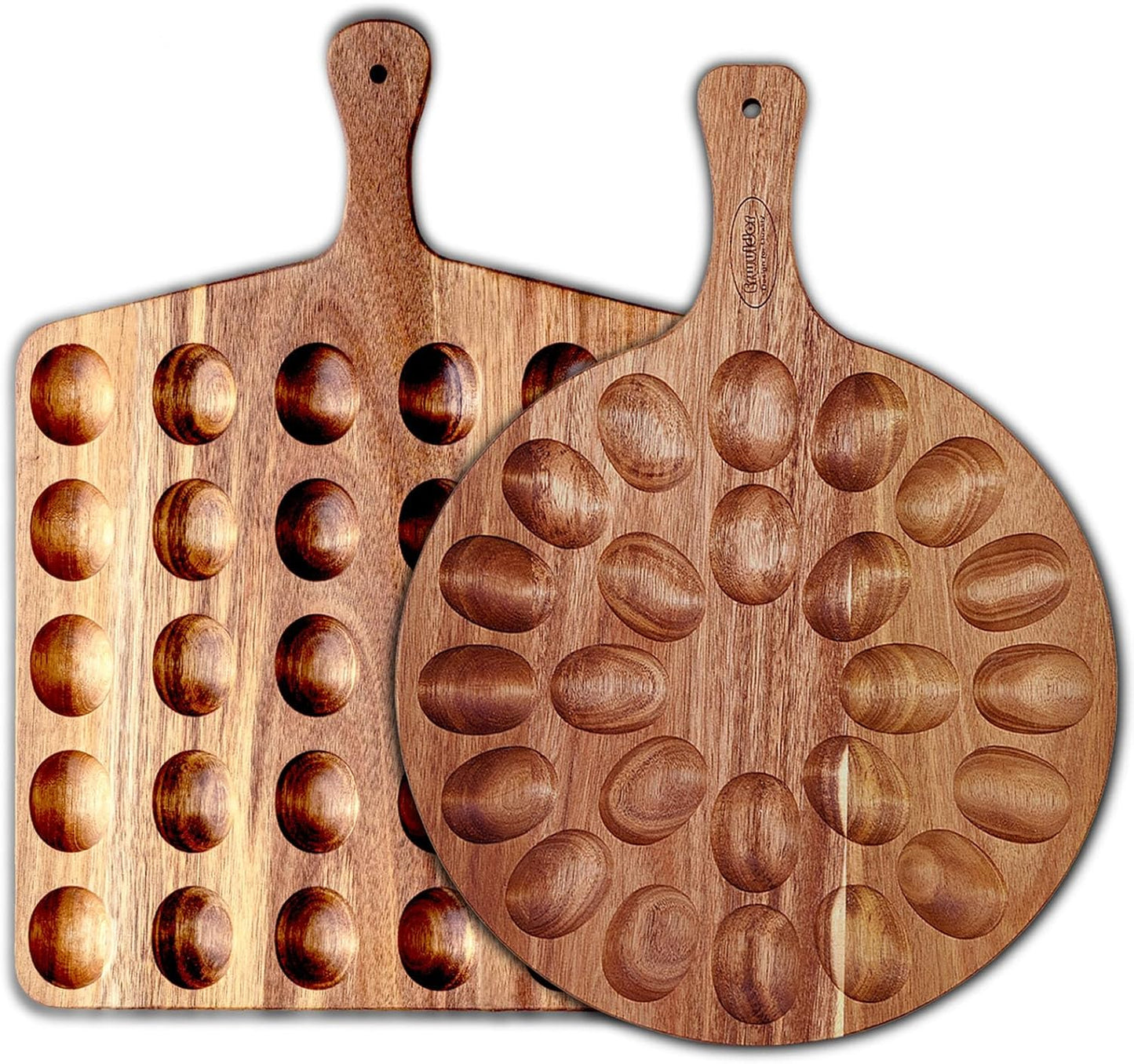 2-Pack 24 Holes Deviled Egg Platter,Acacia Wooden Round Deviled Egg Charcuterie Board Tray Holder Carrier with Handle for Kitchen Countertops