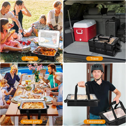 2 Pack Foil Pan Carrier with Clear Lid, PU Leather Aluminum Pan Holders with Long Handle,Serving Tray for Food,Insulated Casserole Carrier for Travel,Picnic,Parties,Fits 9"x13" Baking Dish (2, Black)