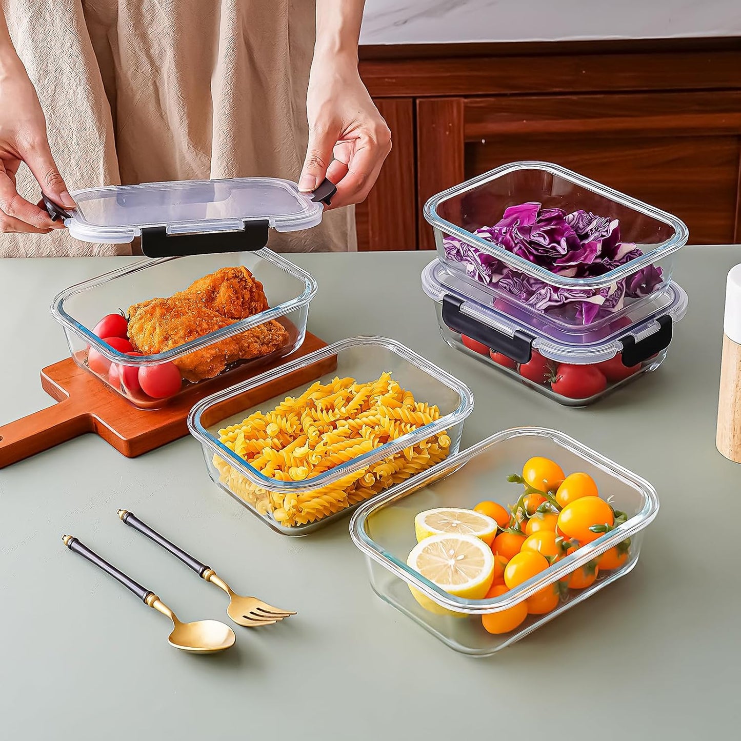 Glass Food Storage Containers with Airtight Lids, 5-Piece Set, Freezer Safe, Microwave Safe, Leak Proof