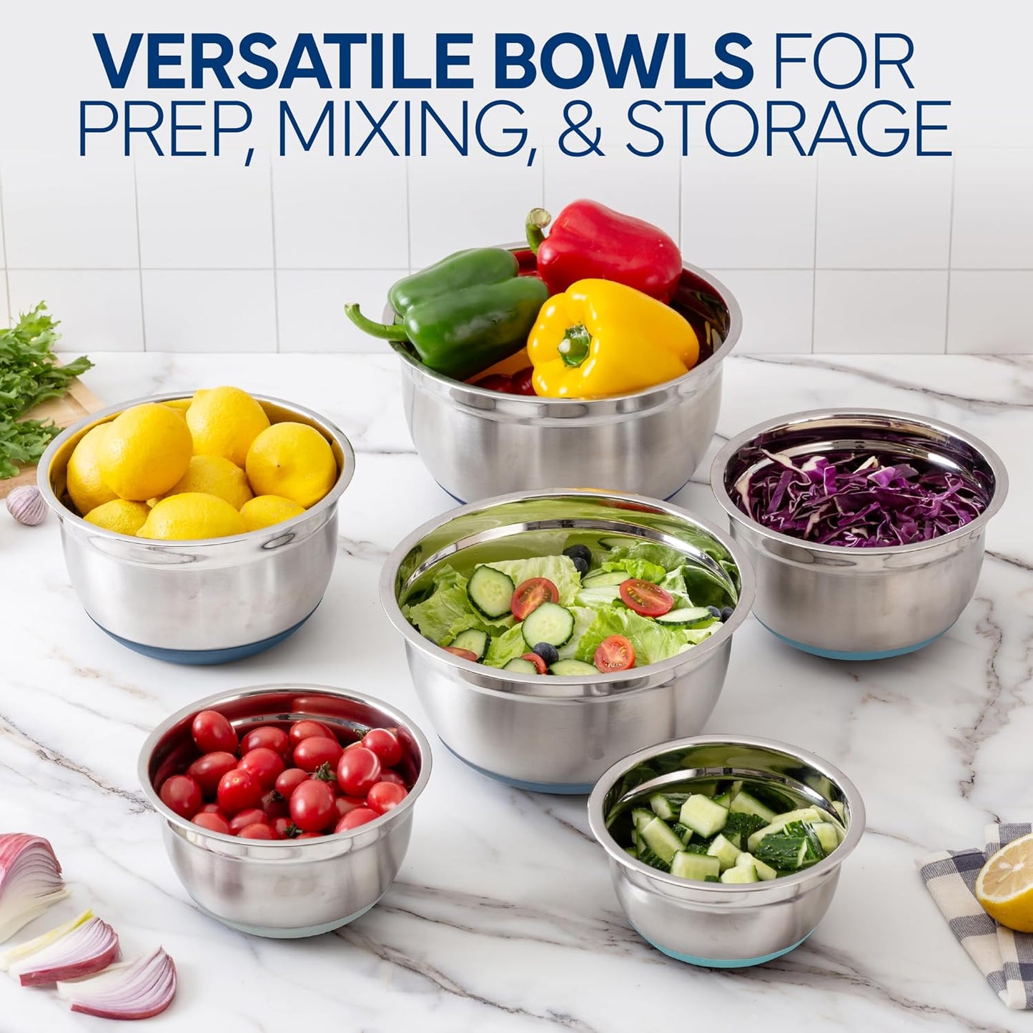 COOK WITH COLOR Stainless Steel Mixing Bowls Set with Lids - Nesting Bowls with Non-Slip Bottom, Sage, 12 Pieces