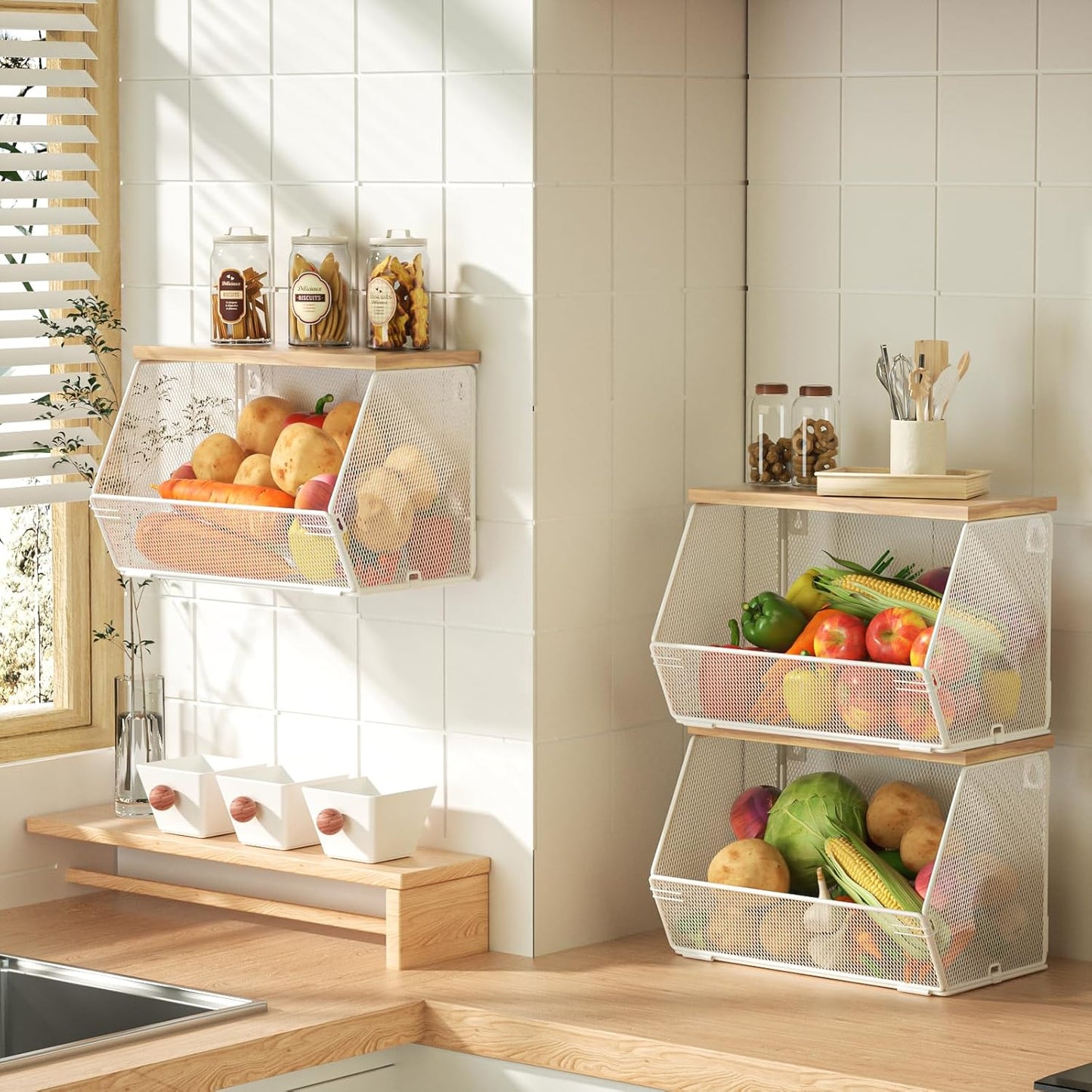 Stackable Fruit Basket for Kitchen Countertop Space Saving, Wall Mounted Mesh Metal Wire Baskets with Wood Lid Extra Storage, 2 Pack Kitchen Counter Organizer for Snack, Onion and Potato Storage