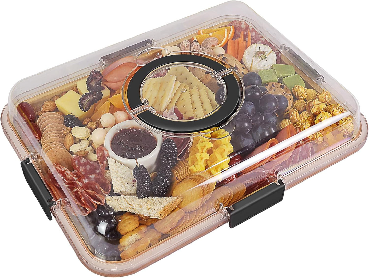 Renmxj Charcuterie Board with Clear Lid, Travel Portable Cheese Board Charcuterie Boxes Cutting Boards for Kitchen, House Warming Gifts New Home, Gifts for Women (6 Compartments Black)