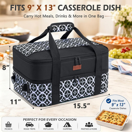 Double Layer Insulated Casserole Carrier, Fits 9" x 13" Baking Dish, Food Transport Carrier with Utensil Pocket for Hot & Cold Dishes, Reusable Potluck Tote for Thanksgiving, Parties&Family Gatherings