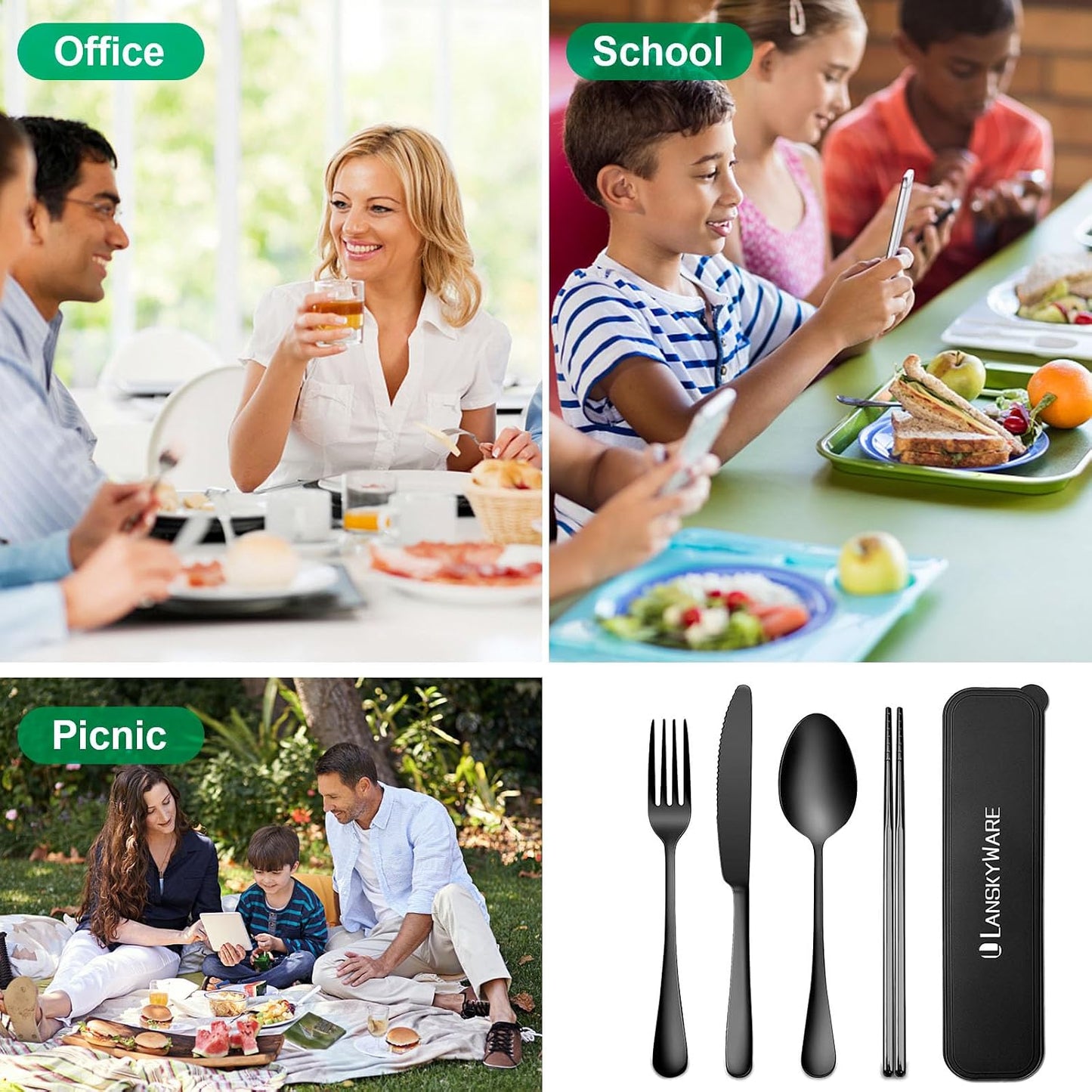 Portable Travel Utensils Set, 18/8 Stainless Steel 3 PCS Cutlery Set Including Knife Fork and Spoon, Reusable Travel Silverware Set with Case for Lunch Box Camping School Office