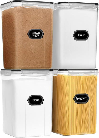 PRAKI Large Airtight Food Storage Containers 5.2L / 195oz, 4pcs Pantry Kitchen Organizers and Storage for Flour, Sugar, Baking Supplies, BPA Free, Plastic Flour Containers with 20 Labels & Maker
