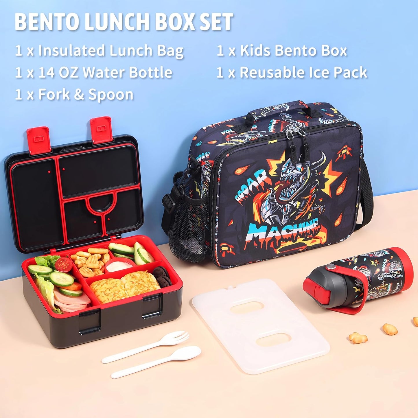 rockpapa Chill Kids Lunch Box Set with Leakproof 5.5 Cups Bento Box, Reusable Ice Pack, 14oz Insulated Water Bottle & Lunch Bag, BPA-Free Microwave Safe for School Boys Girls (Black Games)