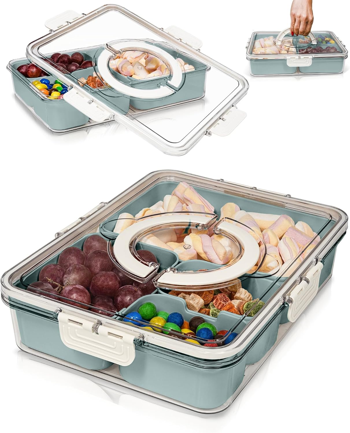 Small Snackle Box Container - Travel Snack Box Container - Snacklebox - Divided Serving Tray With Lid and Handle - Portable Snack Tray With Lid - Snackle Boxes 4 compartment Grey Blue (Cream)