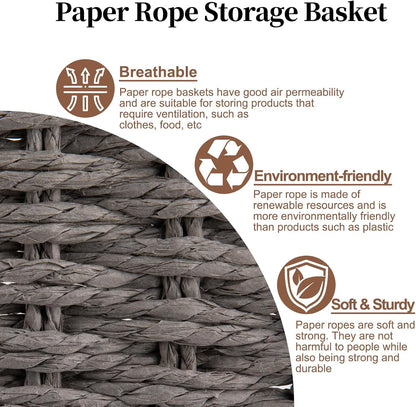 OIAHOMY Pantry Baskets for Organizing, Paper Rope Baskets with Built-in Handles, Wicker Storage Bins for Shelves, 2 Pack-Yellow