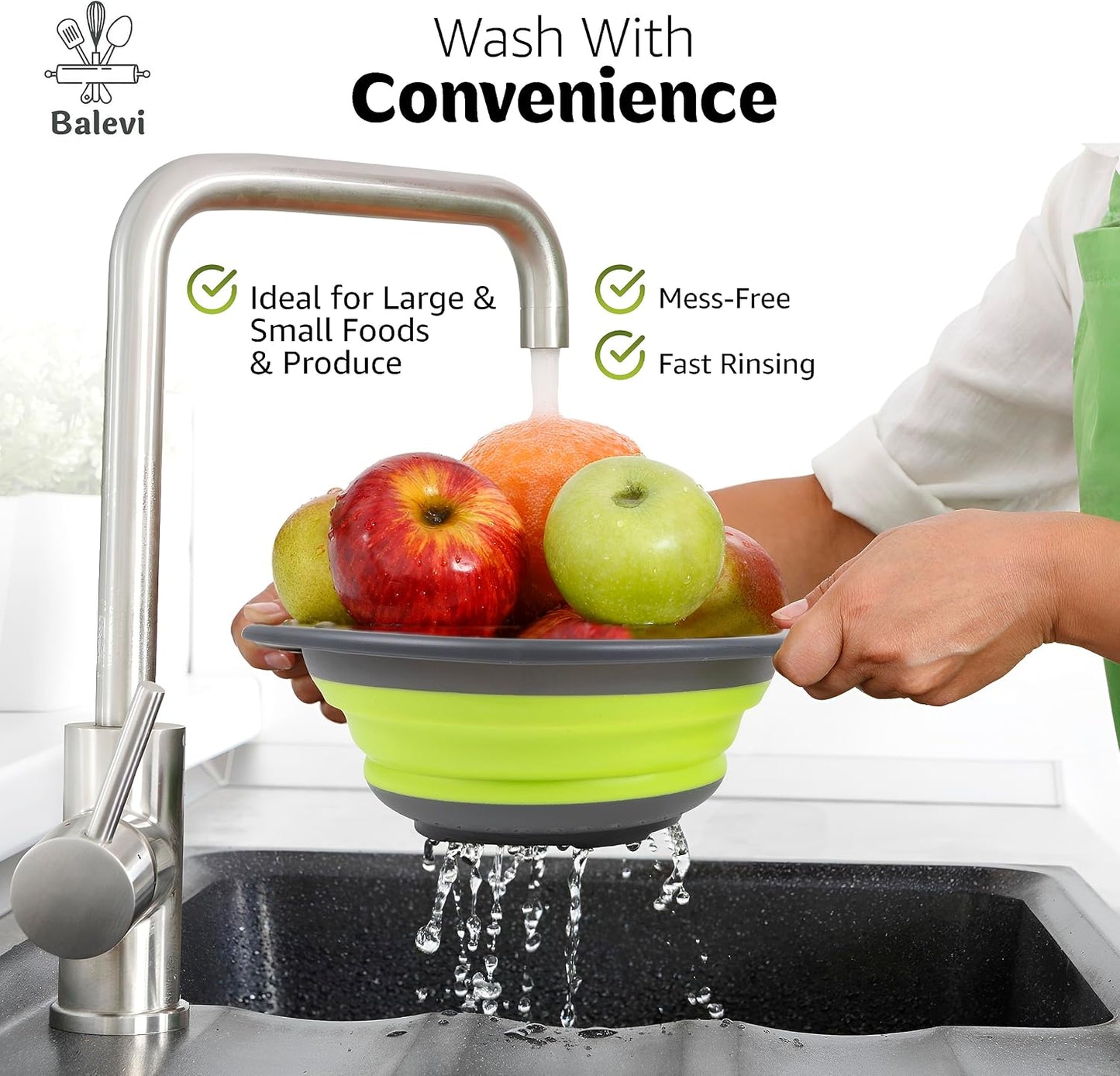 Collapsible Strainers for Kitchen, Green, Set of 2