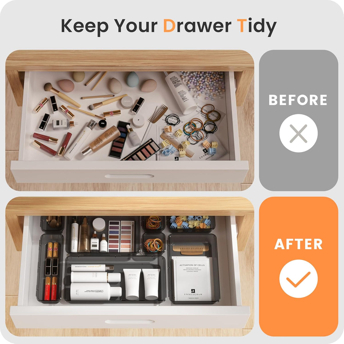 A-LuGei 【Military Grade】 Drawer Organizer,【𝟱𝗦𝗶𝘇𝗲】 Makeup organizer,【Holds 177 Items】 Bathroom Organizers and Storage,Organization and Storage,Desk Drawer Organizer for Vanity【Clear】