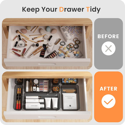 A-LuGei 【Military Grade】 Drawer Organizer,【𝟱𝗦𝗶𝘇𝗲】 Makeup organizer,【Holds 177 Items】 Bathroom Organizers and Storage,Organization and Storage,Desk Drawer Organizer for Vanity【Clear】