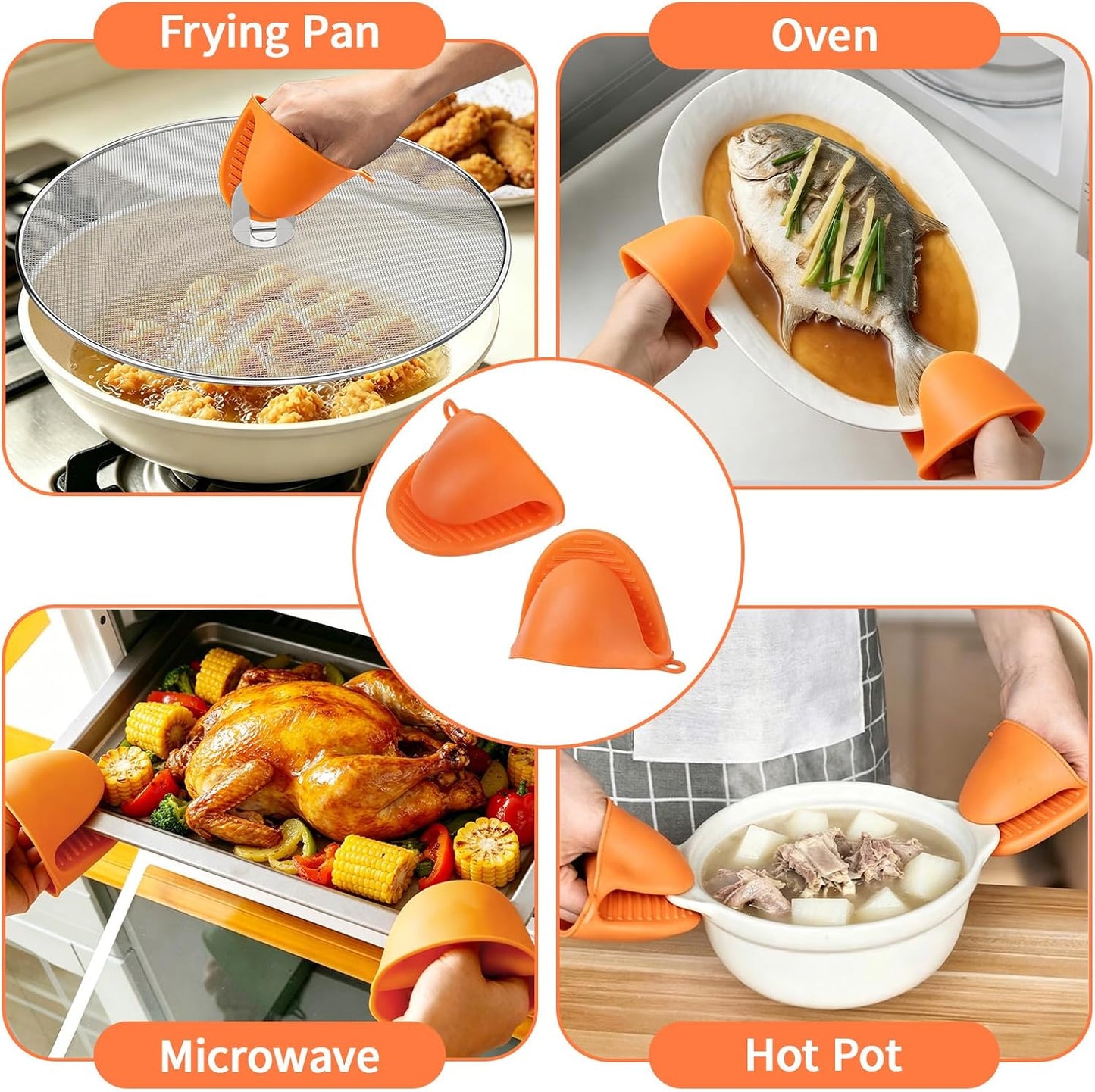 Splatter Screen for Frying Pan Set, 3 Pack 10"/11.5"/13" 304 Stainless Steel Grease Splatter Guard with Foldable Handle & Silicone Oven Mitts, Dishwasher Safe
