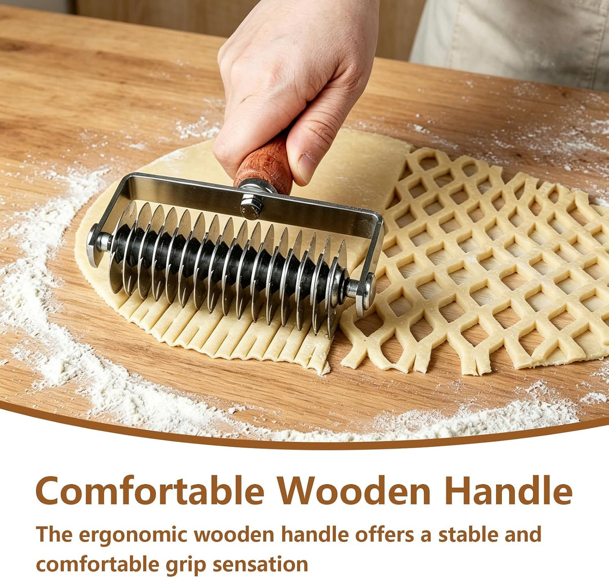 Lattice Pastry Cutter, Stainless Steel Pastry Lattice Roller Cutter, Multipurpose Lattice Rolling Cutting Knife with Wood Handle for Pizza, Biscuits, Bread, Pie, 7.9x5.1in