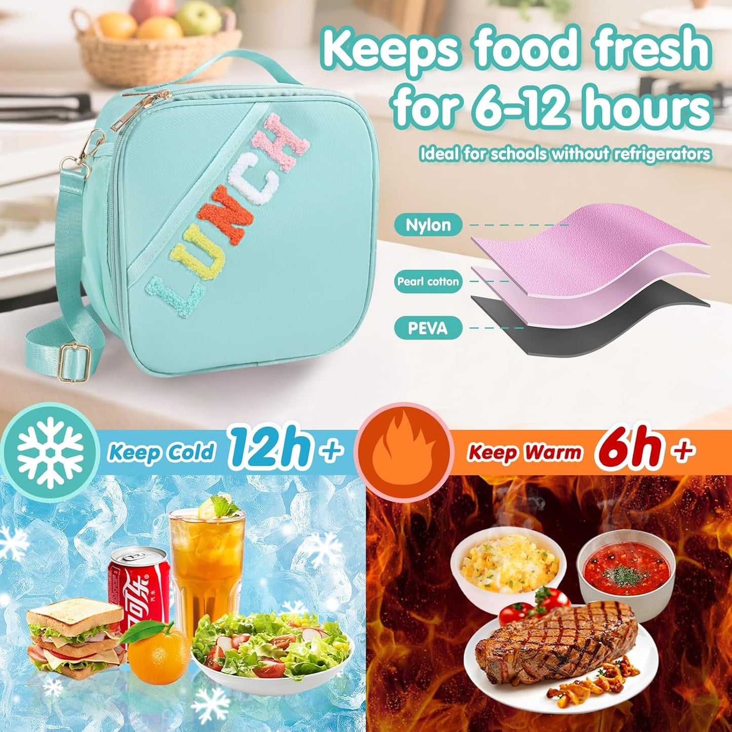 Nsrzua Lunch Bag Kids-Kids Insulated Lunch Bag with Adjustable Strap - Reusable Leakproof Lunch Box for Girls, Preppy School Lunch Tote for Travel, Picnic,School & Winter Camp