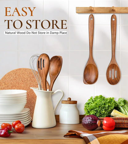 Wooden Spoons for Cooking, Premium Teak Wooden Cooking Utensils for Serving