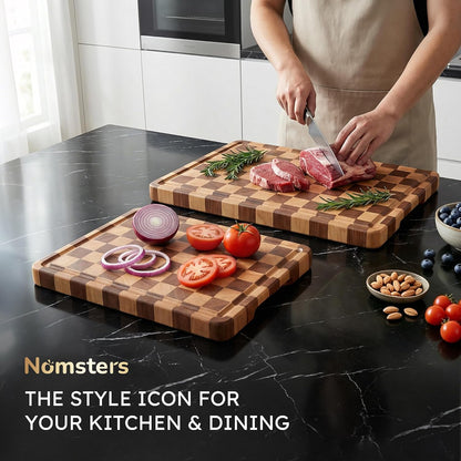 3 Packs Cutting Boards for Kitchen Checkered Cutting Board Acacia Wood Charcuterie Board Serving Heavy Duty Non Toxic Slip Butcher Block Wood Chopping Board with Juice Grooves Handles