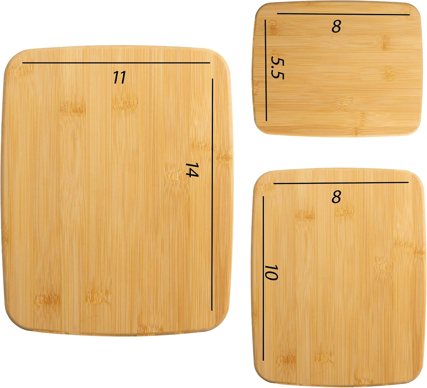 3-piece bamboo cutting board set,non-slip kitchen cutting board set includes 14 "x11", 10 "x8" and 8 "x5.5" for cutting meat, vegetables and cheese, which can be turned over and easily cleaned.