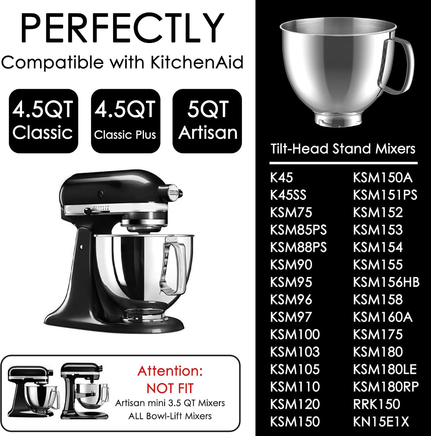 5 Quart Stainless Steel Mixer Bowl for KitchenAid Artisan & Classic Series 4.5&5 QT Tilt-Head Stand Mixers, Replacement Bowl for KitchenAid, Mixer Attachment for KA, Silver
