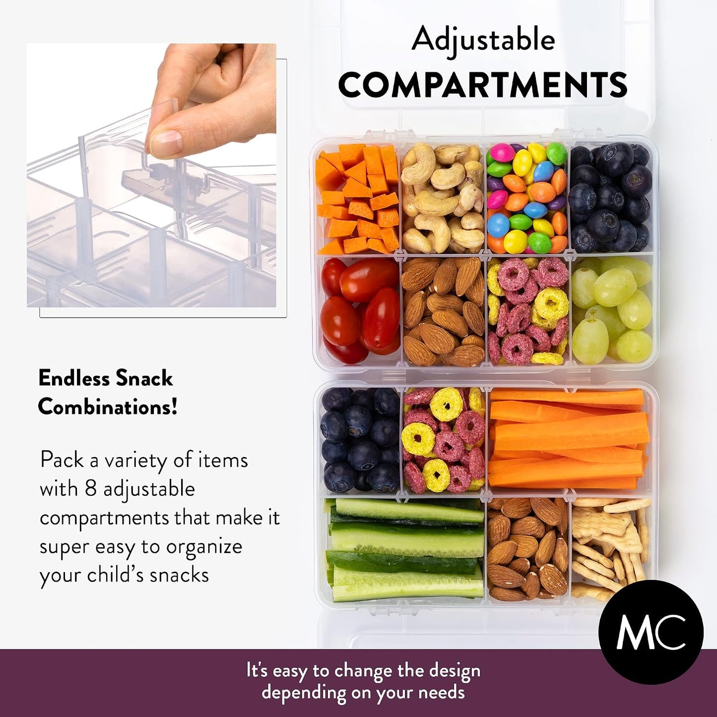 Large Kids Snack Box Containers Set of 2 -100 Labels, BPA-Free, Adjustable Compartments, Dishwasher Safe, Reusable Tray, Food Grade, Meal Prep Container, PARENT TESTED PARENT APPROVED AWARD (Clear)