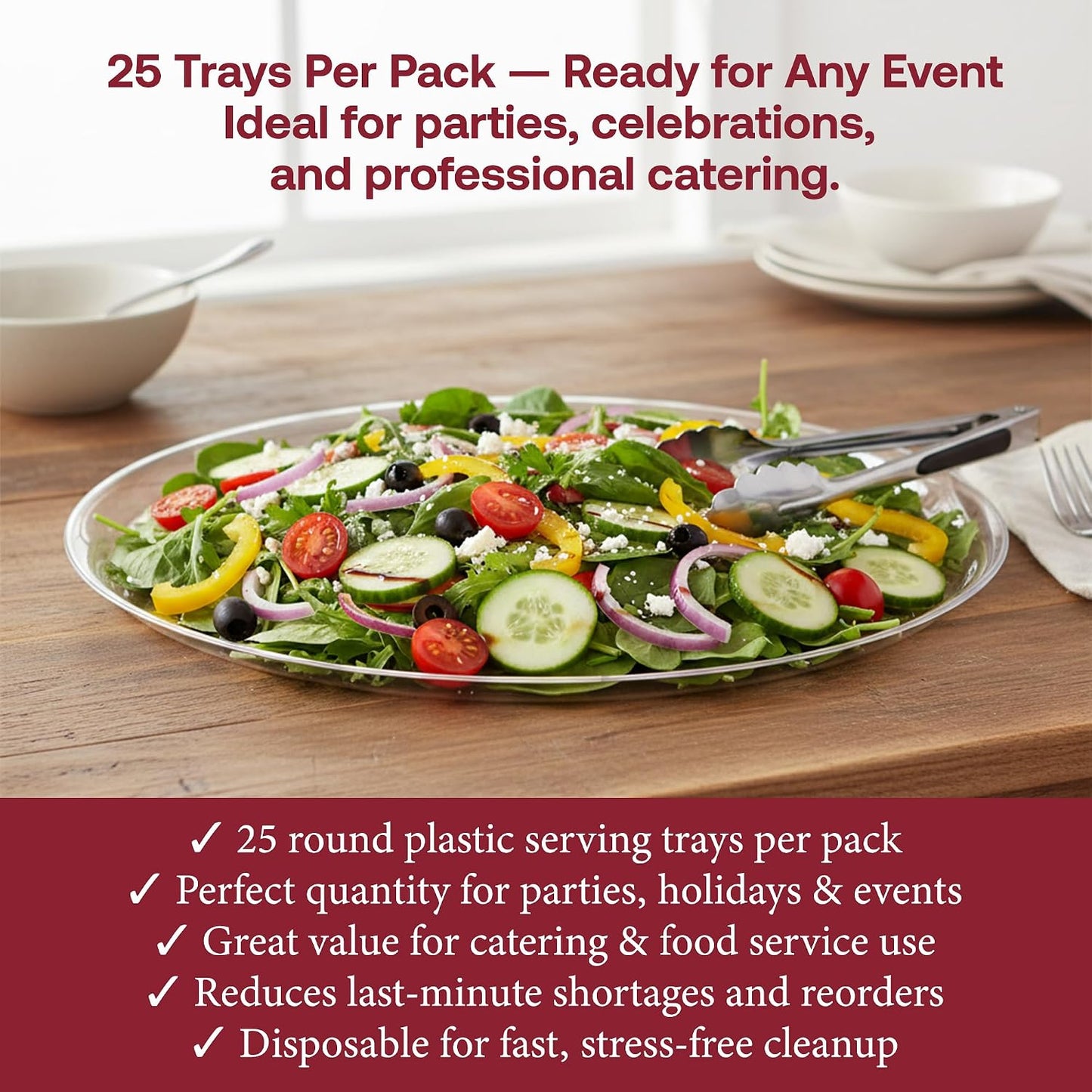 Smarty Had A Party 12 Inch Black Round Plastic Serving Tray – Heavy-Duty Party Platters & Catering Trays, Reusable or Disposable Plastic Trays for Serving Food, Elegant Party Tray Set of 25