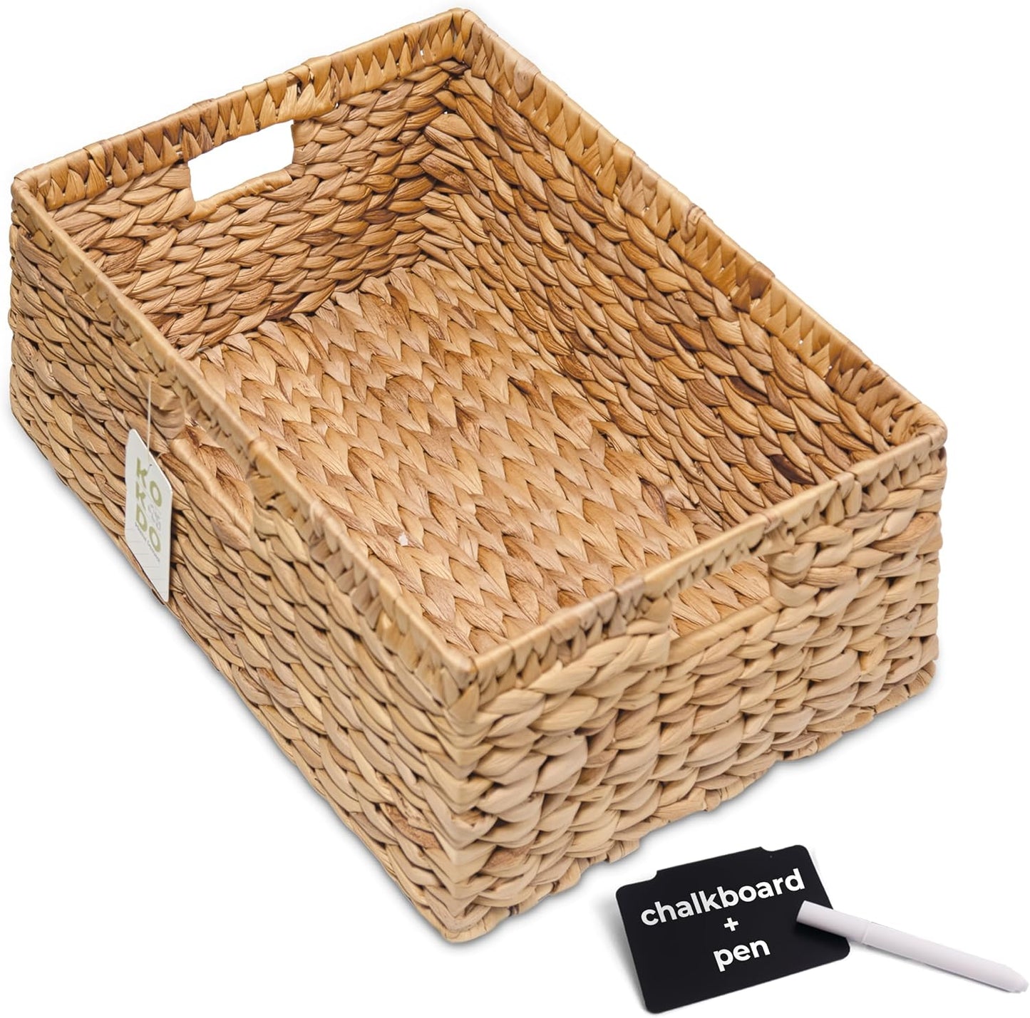 KOKODO Wicker Storage Basket Set of 2, Rectangular Baskets for Shelves with Handles & Chalkboard Labels, Handwoven Water Hyacinth Baskets for Organizing Pantry, Closet & Home.
