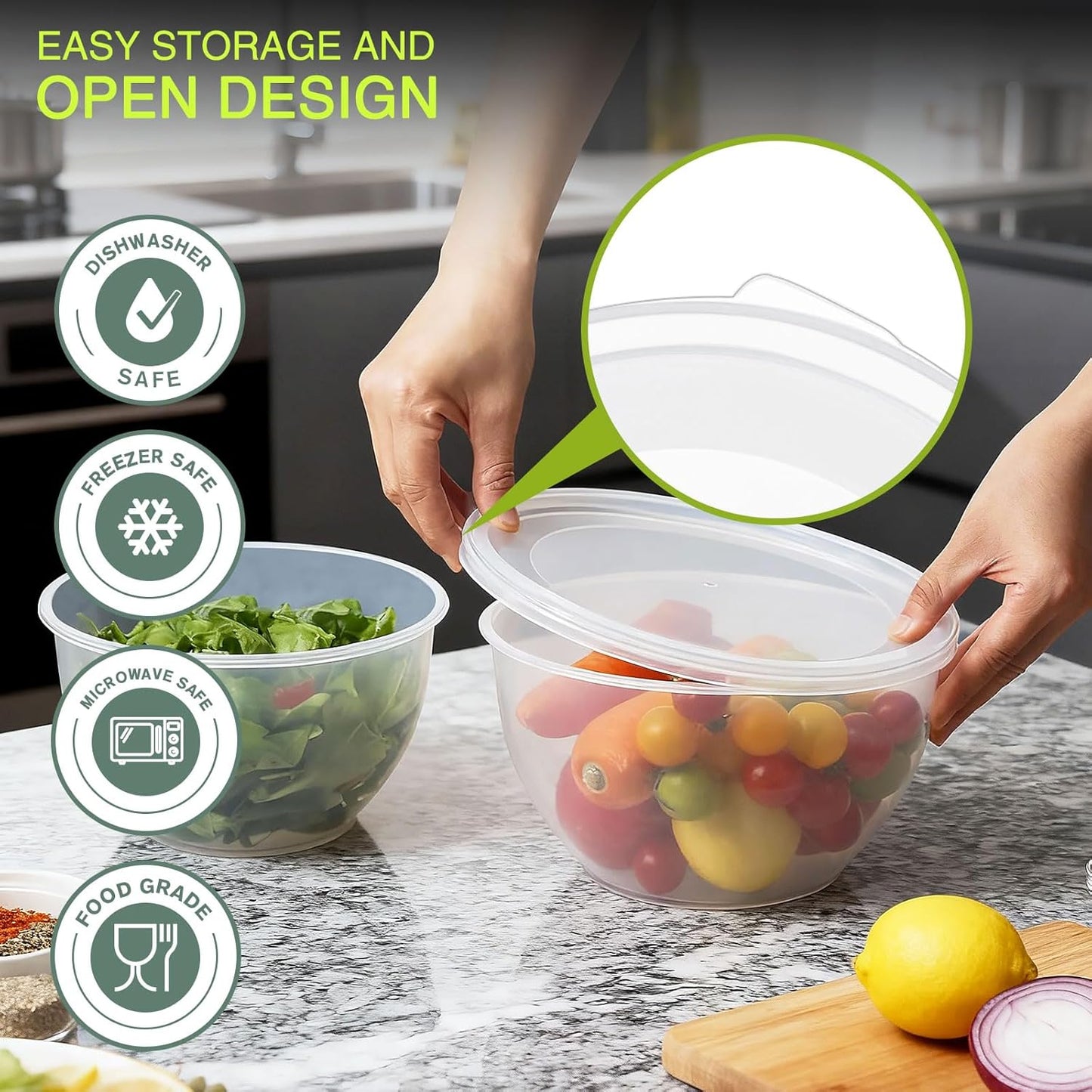 Greentainer Plastic Mixing Bowls with Lids Set for Kitchen, 5 Set Nesting Bowls for Mixing, Baking, Prepping, Cooking and Serving Food, Mixing Bowls Dishwasher, Microwave Safe