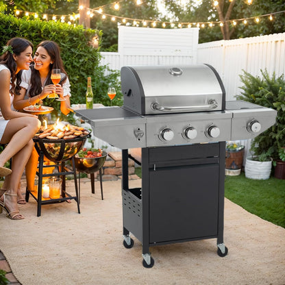 4 Burner Outdoor Propane Gas Grill with Side Burner & Thermometer, Stainless Steel Barbecue Grill with Wheels for Patio BBQ Cooking, Camping