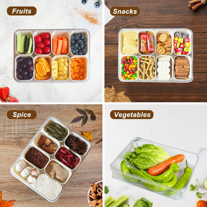 Snackle Box Container, Divided Serving Tray with Lid and Handle, Portable Snack Containers, 8 Compartment Snack Box Container, Transparent Storage Box for Fruits, Vegetables, Candies