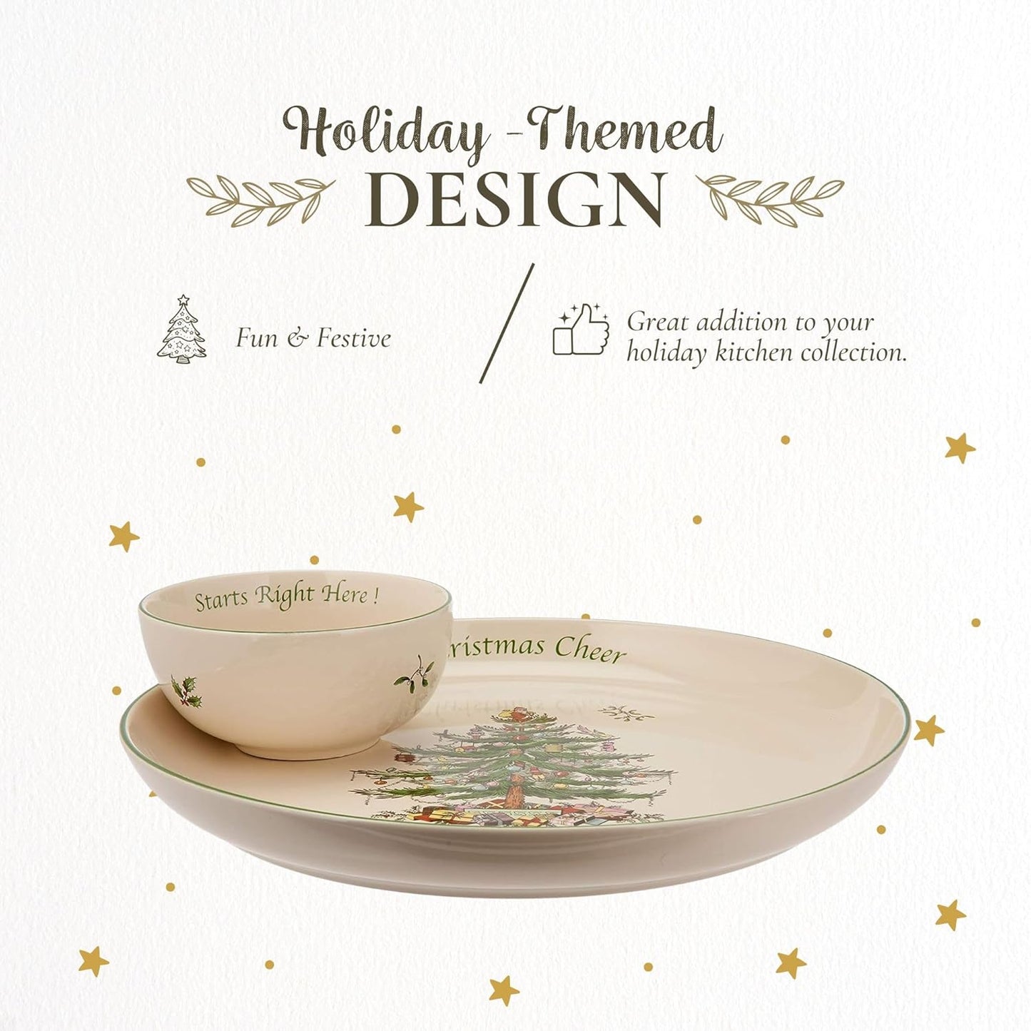 Spode Christmas Tree Chip & Dip Set, 12.5” Serving Platter with Bowl, Holiday Serveware for Appetizers, Fruit, Candy Side Dishes, Festive Treats, Dishwasher Safe, Christmas Tableware