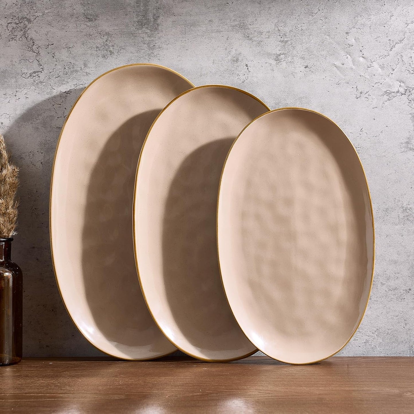 famiware Serving Platter, Oval 15.59/14.3/12.9inch Serving Dishes for Entertaining, Serving Bowls, Microwave Safe, Stoneware Serving Trays for Party, Food, Turkey, Cheese, Ocean Series, Vanilla White