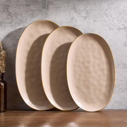 famiware Serving Platter, Oval 15.59/14.3/12.9inch Serving Dishes for Entertaining, Serving Bowls, Microwave Safe, Stoneware Serving Trays for Party, Food, Turkey, Cheese, Ocean Series, Vanilla White
