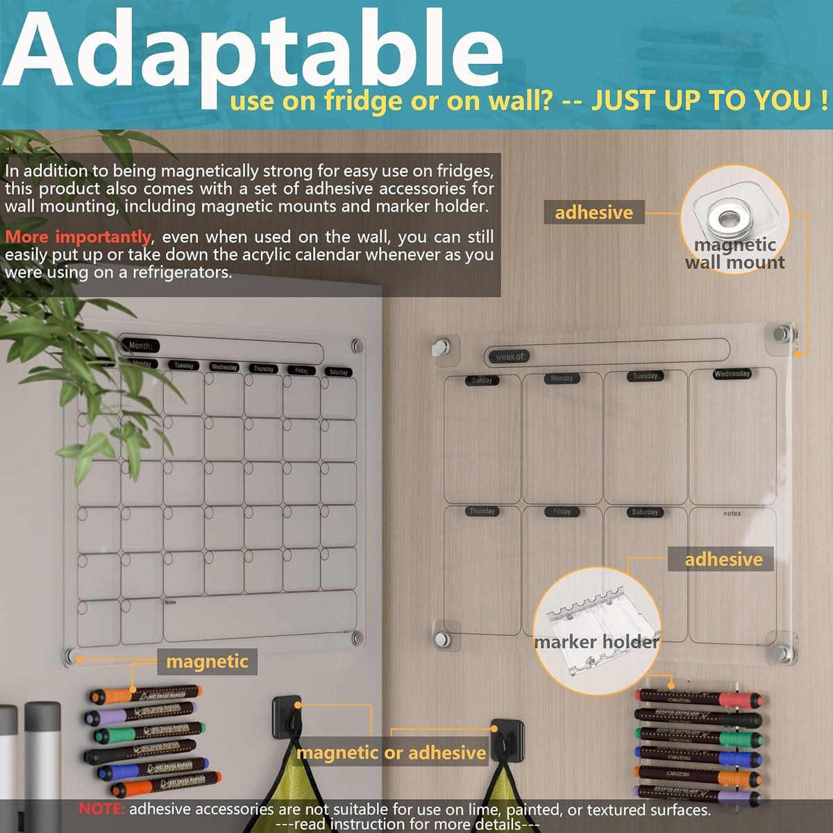 Acrylic Magnetic Calendar for Fridge, Set of 2 Clear Dry Erase Calendar Reusable Planning Boards Monthly & Weekly Black, with Wet Erasable Markers 16" x 12" inches