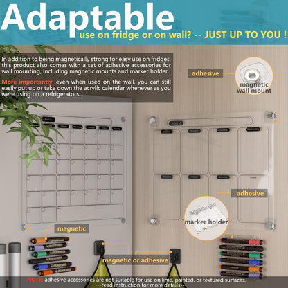 Acrylic Magnetic Calendar for Fridge, Set of 2 Clear Dry Erase Calendar Reusable Planning Boards Monthly & Weekly Black, with Wet Erasable Markers 16" x 12" inches