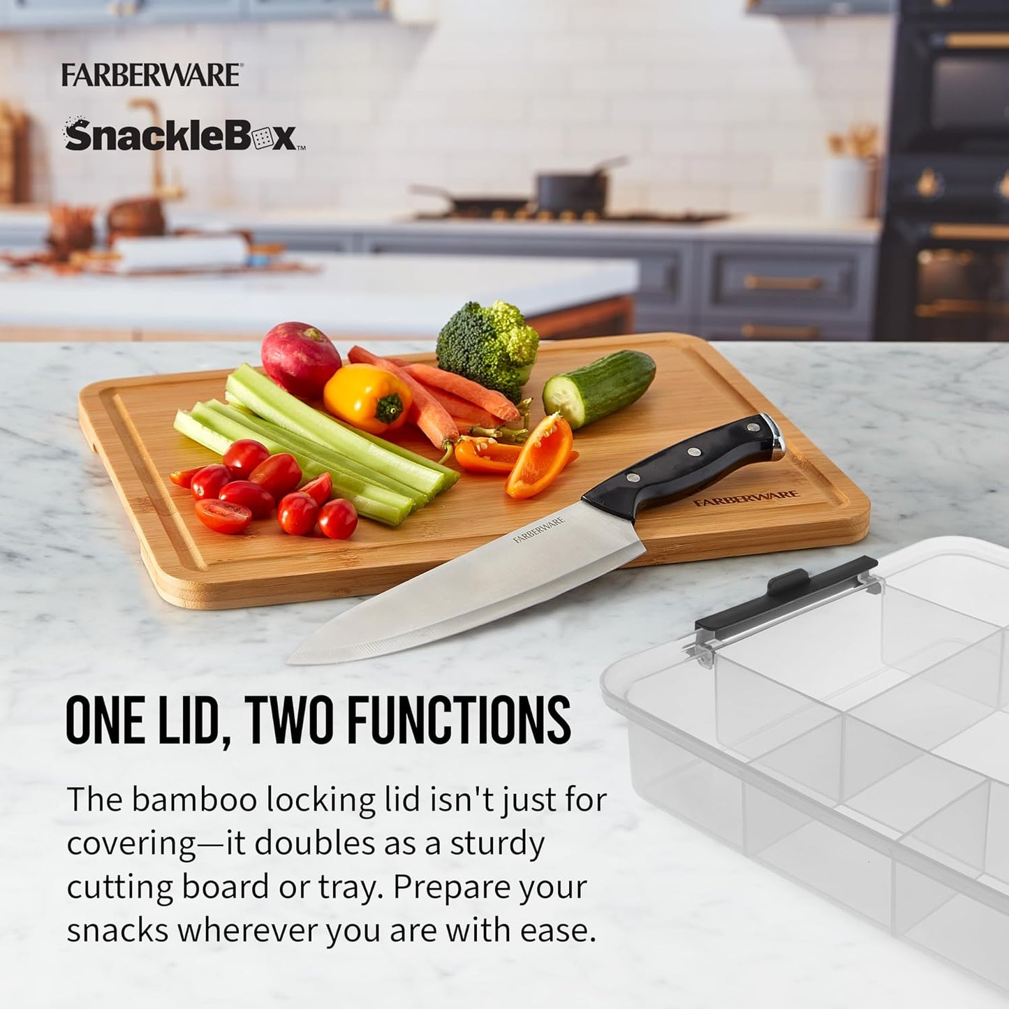 Farberware Small Build-a-Board Snacklebox with Locking Plastic Cutting Board Lid, Portable Charcuterie Storage with 7 Compartments