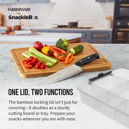 Farberware Small Build-a-Board Snacklebox with Locking Plastic Cutting Board Lid, Portable Charcuterie Storage with 7 Compartments