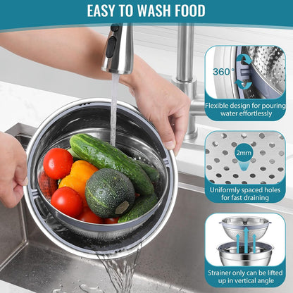 P&P CHEF 4-In-1 Stainless Steel Colander with Bowl Set, Rotatable Strainers for Kitchen, Fruit Cleaner, Washing Fruit & Draining Pasta, Mixing Bowl and Lid with Grater for Salad, Black