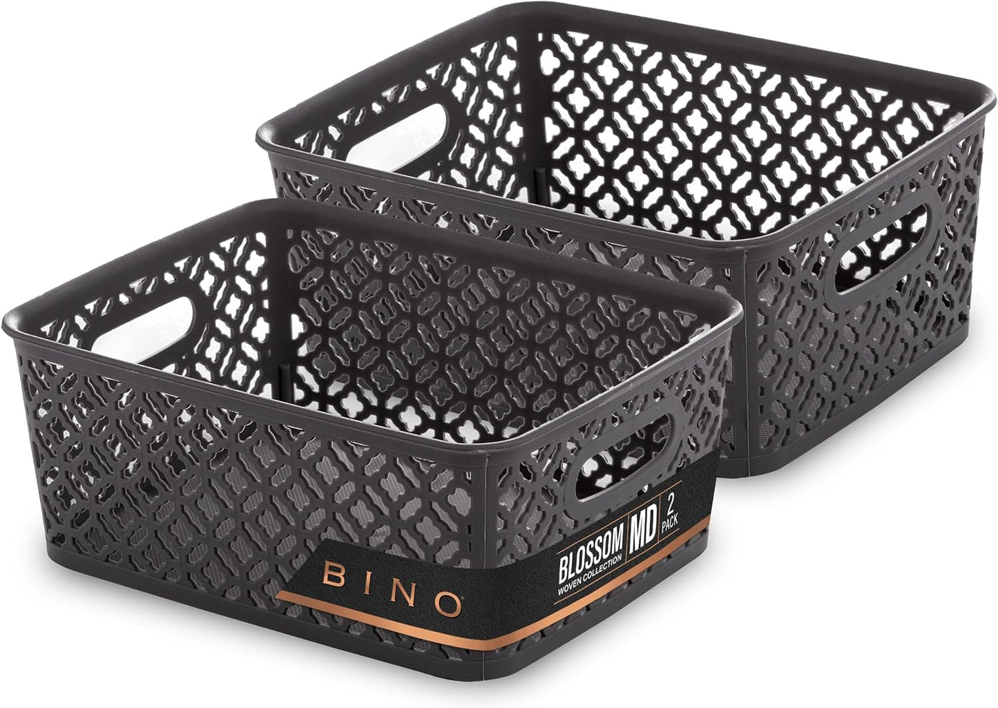 BINO l Plastic Storage Baskets, Large - Grey l THE BLOSSOM COLLECTION l Multi-Use Organizer Bin l Built-in Handles l Plastic Woven Basket for Organizing l Pantry & Home Organizing Basket