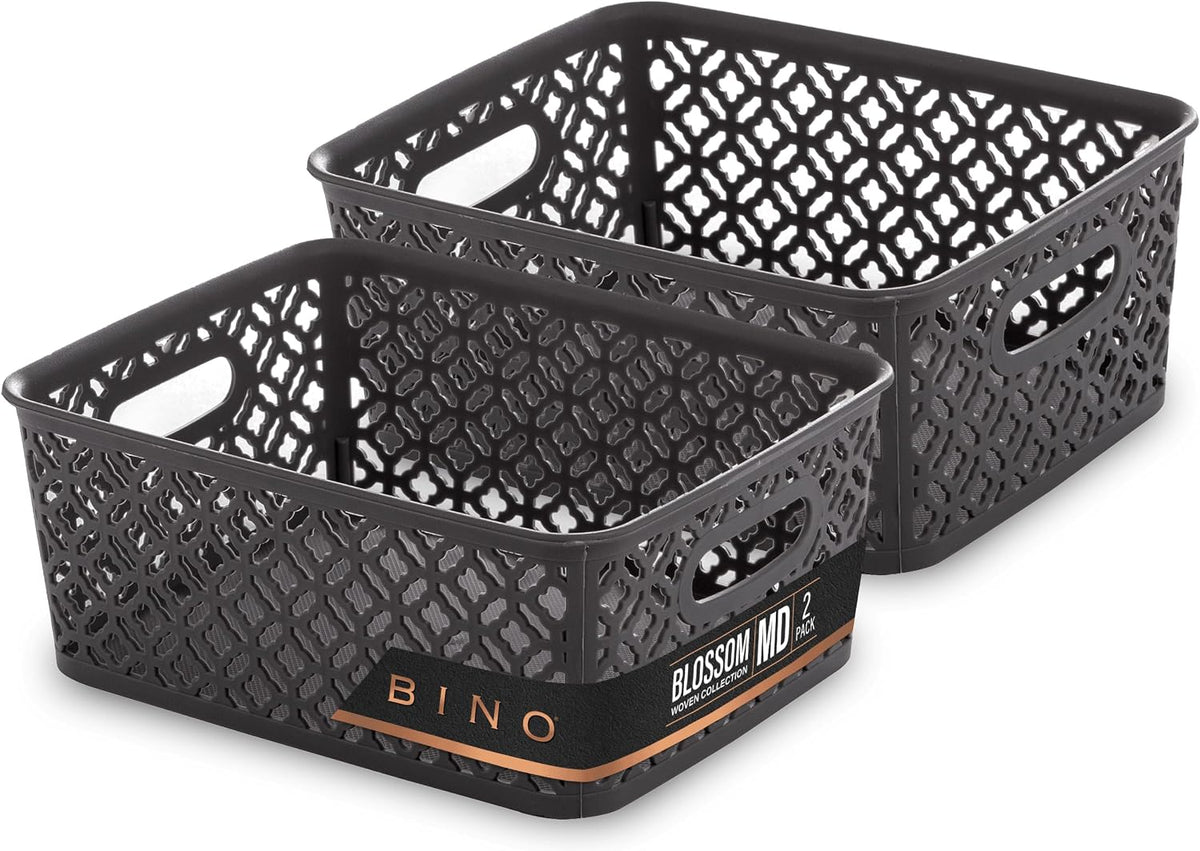 BINO l Plastic Storage Baskets, Large - Grey l THE BLOSSOM COLLECTION l Multi-Use Organizer Bin l Built-in Handles l Plastic Woven Basket for Organizing l Pantry & Home Organizing Basket