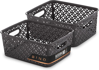 BINO l Plastic Storage Baskets, Large - Grey l THE BLOSSOM COLLECTION l Multi-Use Organizer Bin l Built-in Handles l Plastic Woven Basket for Organizing l Pantry & Home Organizing Basket