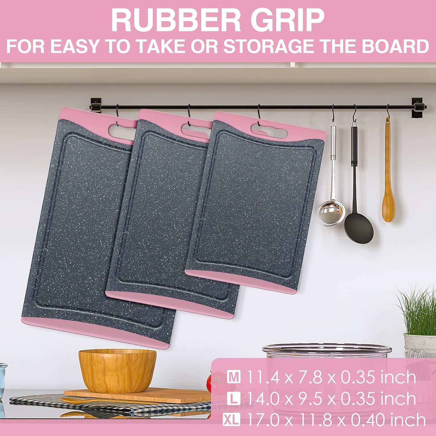 Extra Large Cutting Boards, Plastic Cutting Boards for Kitchen (Set of 3) Cutting Board Set Dishwasher Chopping Board with Juice Grooves Easy-Grip Handles, Dark Grey, Empune