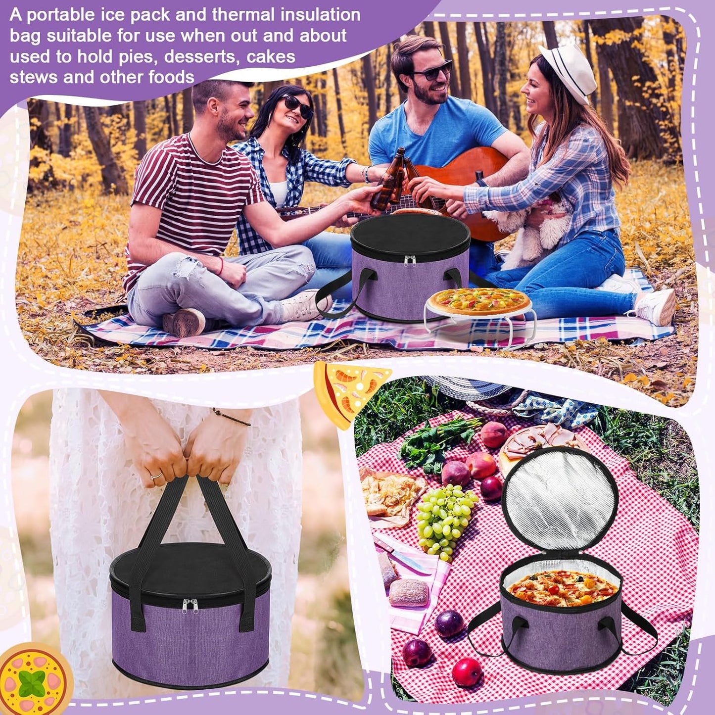 Yaomiao 2 Set Round Pie Carrier 11 x 7 Inch with Dish Tray Plate Stacker Insulated Casserole Carrier with Lid and Handle Reusable Cooler Thermal Bag for Cold Food for Potluck Picnic (Black and Purple)