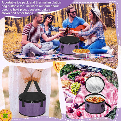 Yaomiao 2 Set Round Pie Carrier 11 x 7 Inch with Dish Tray Plate Stacker Insulated Casserole Carrier with Lid and Handle Reusable Cooler Thermal Bag for Cold Food for Potluck Picnic (Black and Purple)