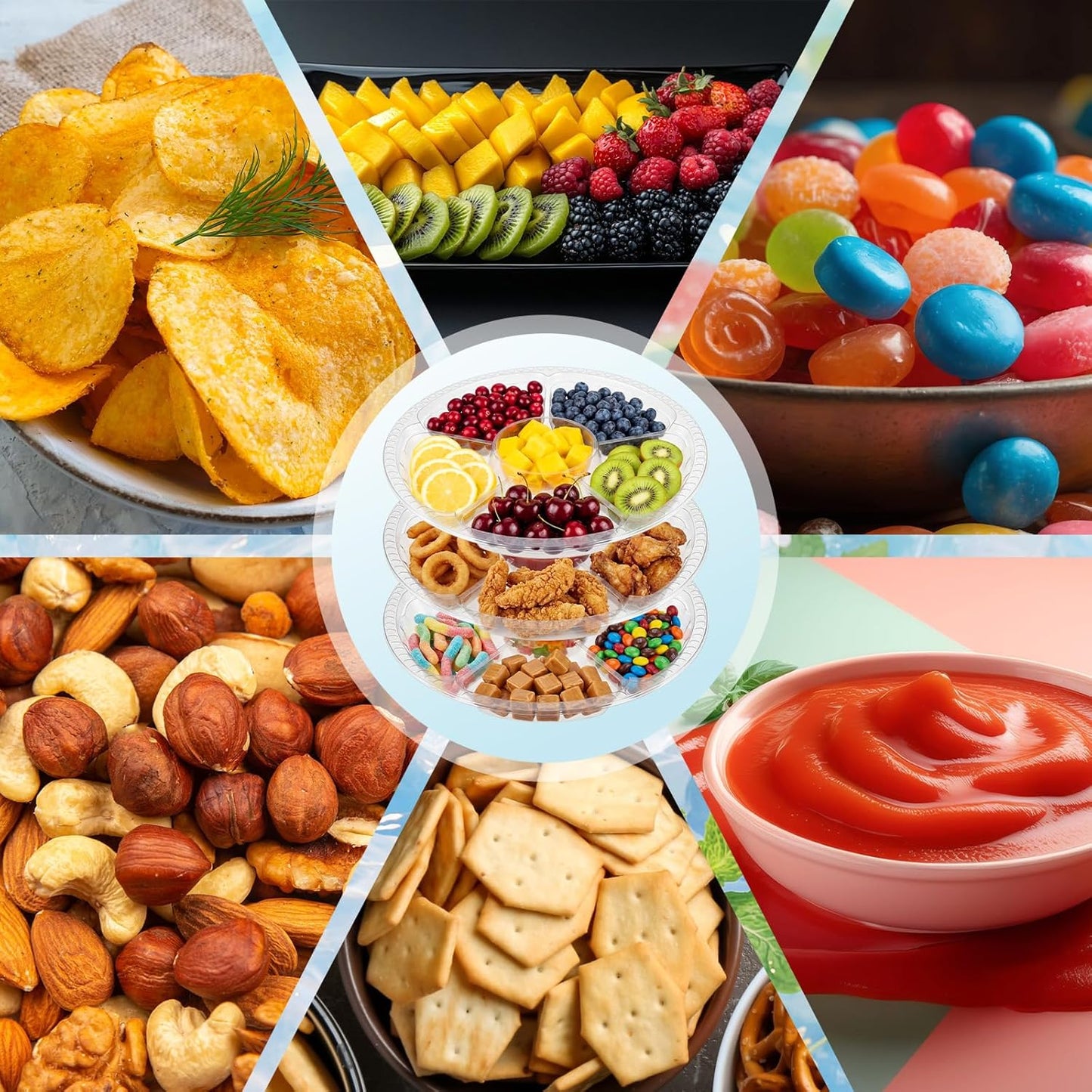 Rtteri 50 Pcs Round Plastic Fruit Trays for Serving Clear Veggie Tray 6 Divided Compartment Container Dip Platter Reusable Catering Platters for Vegetable Fruit Snack Nut Party and Buffet(10.4 Inch)