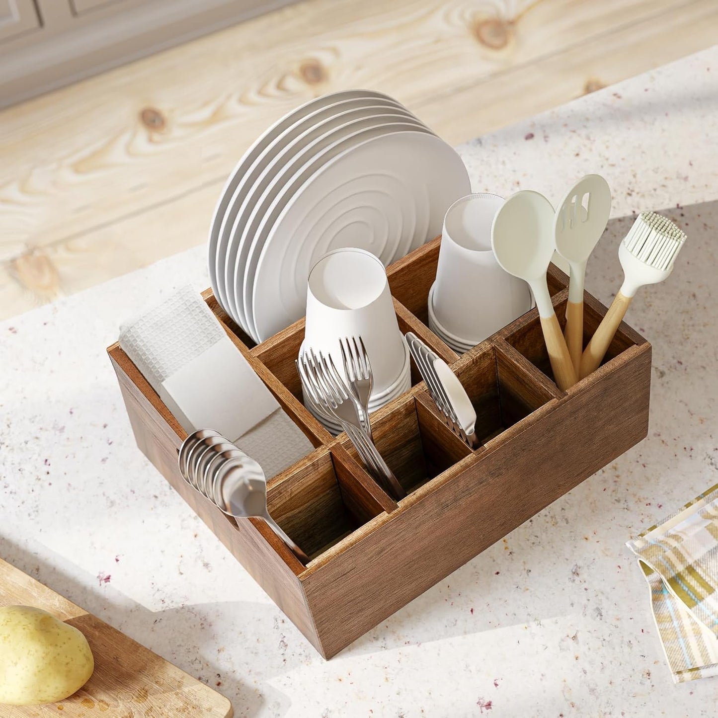 VaeFae Acacia Silverware Caddy with Handle, Wooden Utensil Holder, Mulip-pose Organizer for Kitchen, Office, Bathroom, Bedroom