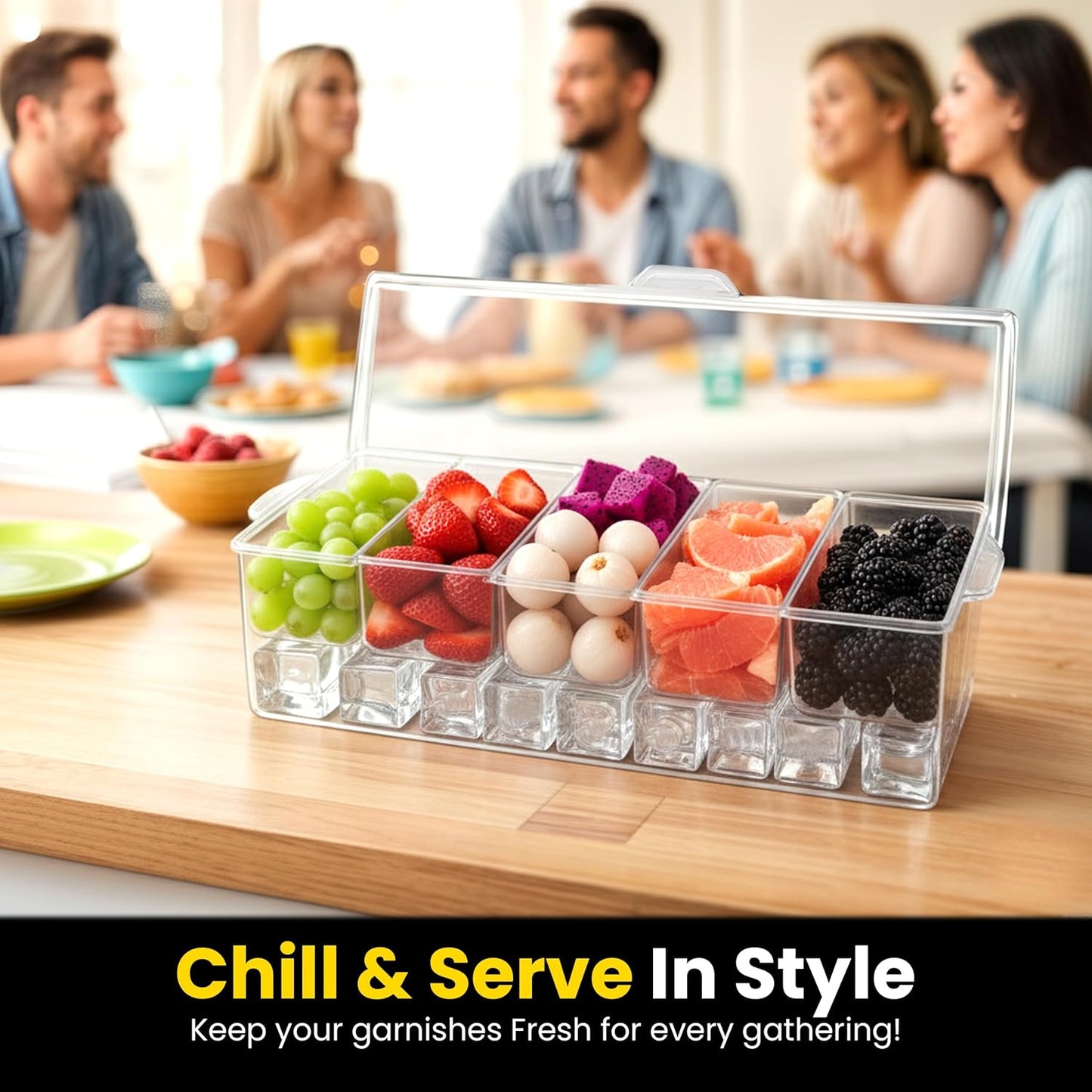 Ice Chilled Condiment Caddy with Lid – 5 Removable Compartments, Utensils Included – Buffet Server for BBQ, Taco Bar & Parties