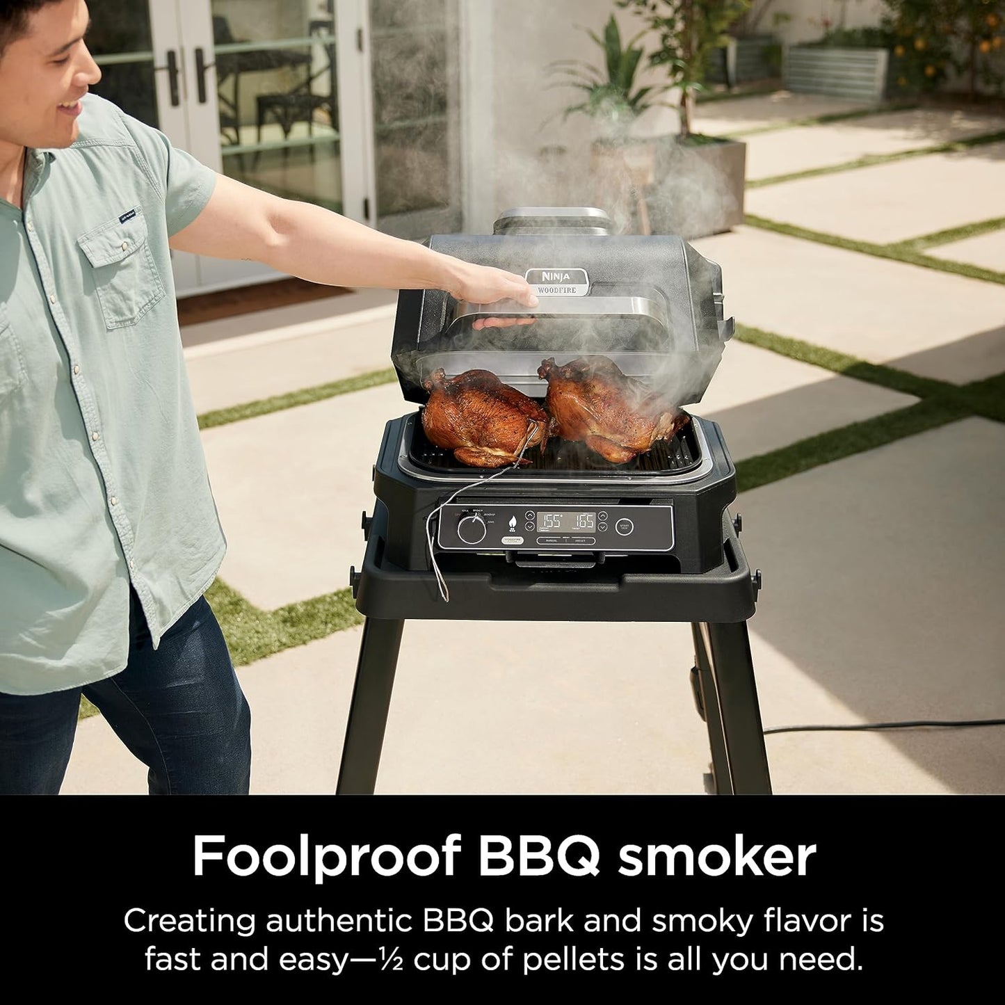 Ninja | Grill & Smoker | Outdoor Woodfire Pro XL | 4 in 1 Grill, BBQ Smoker, Air Fryer & Bake | Portable | Includes Built in Thermometer & 2 Woodfire Pellet Packs | Dark Grey | OG850