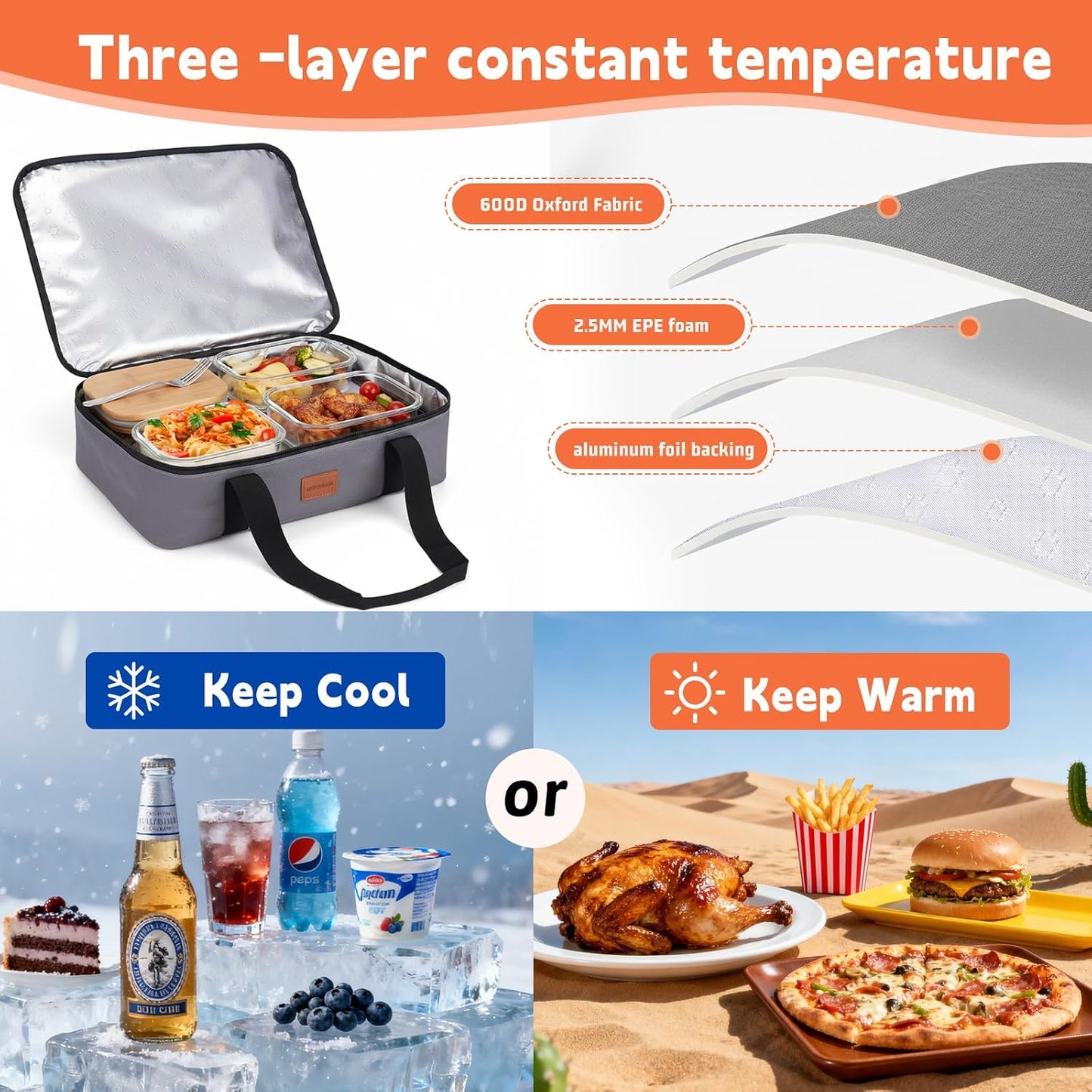 Insulated Casserole Carrier, Double Decker Food Carriers for Hot or Cold Food, Portable Leakproof Thermal Bag for Travel/Potluck Parties/Picnic/Cookouts (Red)
